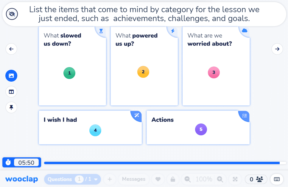 USing Wooclap’s brainstorming activity, you could have a brainstorming session with categories like: 'What slowed us down?', 'What powered us up?', 'What are we worried about?', 'I wish I had', and more. Each category has a colored number icon and empty space for responses.